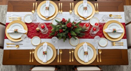 Elegant christmas table setting viewed from overhead featuring gold charger plates, red runner, festive greenery, and candles.