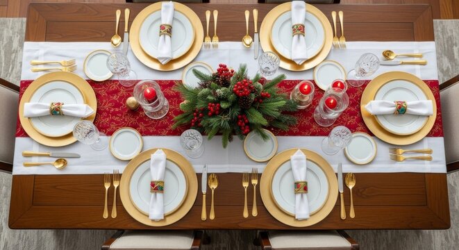 Elegant christmas table setting viewed from overhead featuring gold charger plates, red runner, festive greenery, and candles.