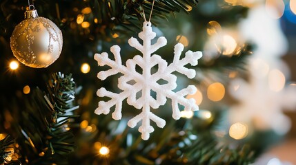 Sparkling white snowflake ornament gleams on a festive Christmas tree with warm bokeh lights creating a magical holiday atmosphere