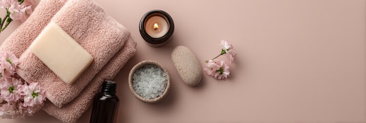 Bottle of soap is on a table next to a towel