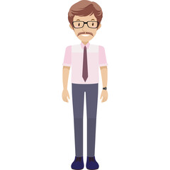 Pixel Art Man with Glasses and Mustache Wearing a Pink Shirt and Purple Tie Standing in a Simple Composition with a Transparent Background