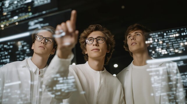 Senior group collaborating on robotics project surrounded by digital screens and coding interfaces, showcasing empowerment through learning, innovation at any age, and senior participation in