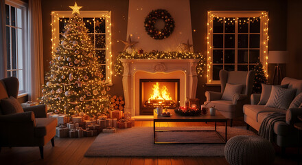 Cozy living room decorated for Christmas with glowing tree, fireplace, candles, and garlands. Warm festive atmosphere with gifts, red bows, and holiday lights creating a magical winter mood.