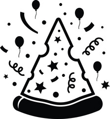 Celebratory slice of pizza with confetti balloons and stars