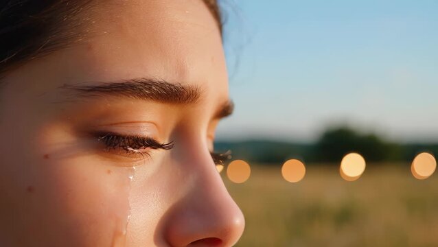 Emotional Reflection of a Young Female with Tears in a Serene Outdoor Setting