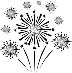Black and white illustration of a festive firework display exploding in the night sky