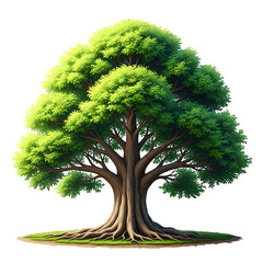 A majestic, ancient oak tree with lush green foliage, its roots spread wide on the ground, isolated on transparent background