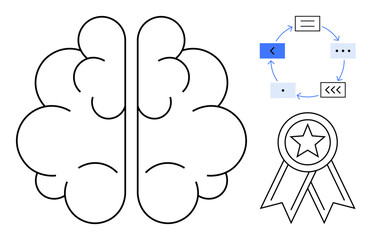 Brain sketch highlights creativity, accompanied by workflow symbols for process optimization. Achievement ribbon emphasizes recognition. Ideal for innovation, learning, problem-solving