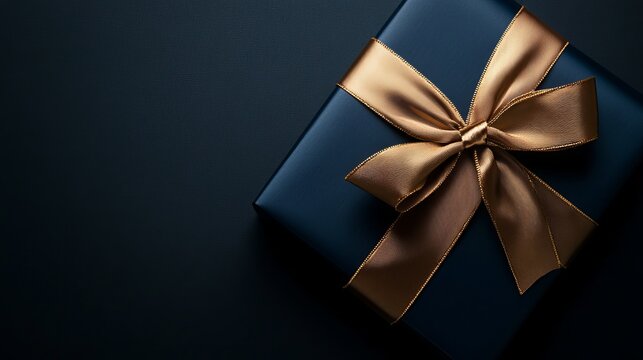 Elegant dark blue gift box with luxurious gold ribbon, perfect for celebrations, special occasions, or premium product packaging.