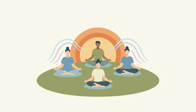 An outdoor yoga session taking place in the early morning with calming music in the background and attendees in peaceful meditation.