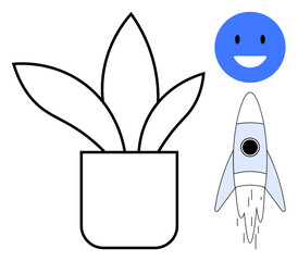 Potted plant with broad leaves, blue happy face, and a rocket launching upward. Ideal for growth, happiness, innovation, sustainability, progress success and eco-friendly themes. Simple flat