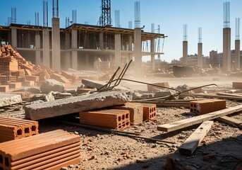 Fototapeta premium Red hollow bricks and various debris lie scattered on the dusty ground of an active construction site on a sunny day.
