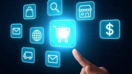 Digital shopping icons represent e-commerce and online retail. A hand selects a cart symbol from various shopping options. - Powered by Adobe