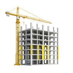 Construction of a modern building with a crane, isolated on transparent background
