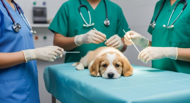 The composition draws attention to the puppy's sensitive, trusting face before a medical examination or surgery.