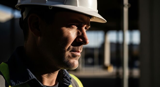 The strong, weathered profile of the worker suggests years of dedication and experience in the building trade.