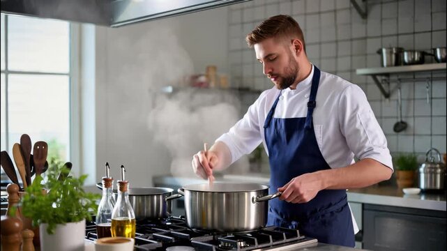 Chef Preparing a Delicious Meal in a Modern Kitchen Filled With Steam and Fresh Ingredients