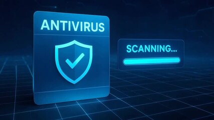 A digital antivirus software interface depicting a scanning process with a shield symbol, representing cybersecurity and protection.