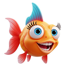 Cute cartoon orange goldfish with big blue eyes and red fins, isolated on transparent background