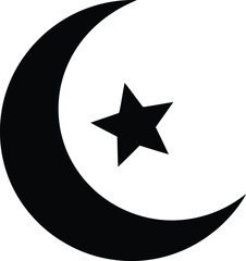 Black crescent moon and star symbol isolated on white background