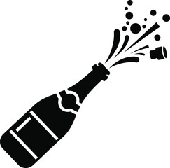 Champagne bottle popping with cork and bubbles exploding outwards