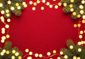 Festive christmas garland with glowing fairy lights and green fir branches framing a red textured background isolated on white background