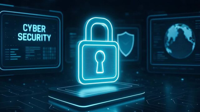 A futuristic representation of cyber security featuring a digital lock and data protection visuals against a tech backdrop. - Powered by Adobe