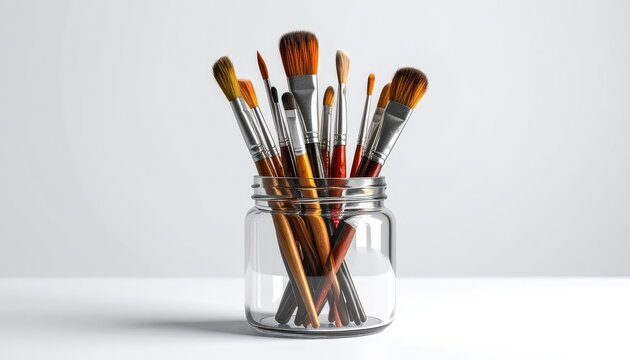 A collection of assorted paintbrushes in a clear glass jar on a white surface (1)