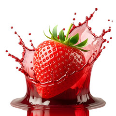 Fresh strawberry splashing into red liquid, isolated on transparent background