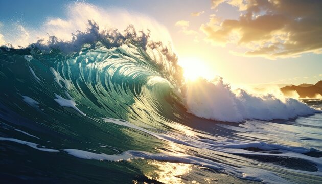 A powerful turquoise ocean wave curls and crests at sunset, backlit by the sun