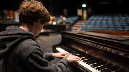 Teenager Playing Piano in Theatre Rehearsal &mdash; Musical Talent, Artistic Preparation and Performance Concept