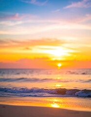 Naklejka premium Vibrant sunset over the ocean with gentle waves washing ashore on a sandy beach