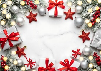 Festive christmas holiday arrangement with gifts ornaments pine branches and bokeh lights isolated on white background