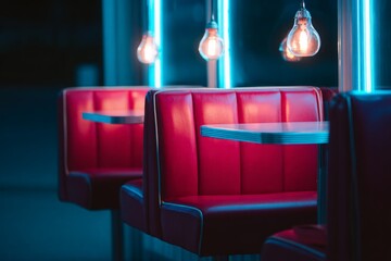 Empty retro diner booths glow with blue neon lights, warm hanging bulbs illuminate scene
