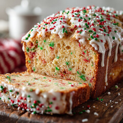 Christmas cake loaf with icing and colorful sprinkles on wooden table