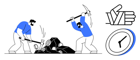 Two workers use hammer and pickaxe to break rocks, accompanied by a clock and thumbs-up symbol. Ideal for concepts thumbs up teamwork, hard work, productivity, time management, deadlines, efficiency