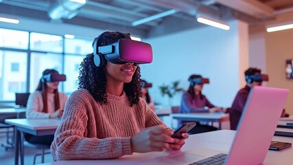 A student enjoys virtual reality in a modern classroom setting. - Powered by Adobe