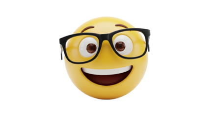 A cheerful yellow emoji with glasses smiles broadly against a transparent background, radiating positivity and fun.