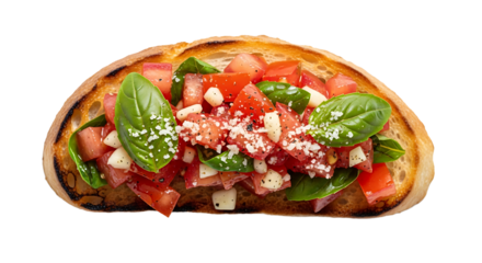 Delectable toasted bread slice with fresh tomatoes, basil, garlic, and sprinkled cheese makes a perfect appetizer.