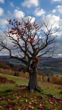 ncient Scottish Oak Tree Splashing with Autumn Colors on Windswept Moor under Late Afternoon Light.