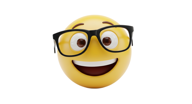 A cheerful yellow emoji with glasses smiles broadly against a transparent background, radiating positivity and fun.