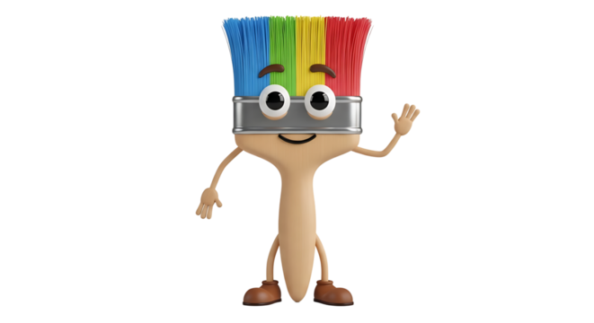 A friendly paint brush character with rainbow bristles and a warm smile, ready to add color to your day.
