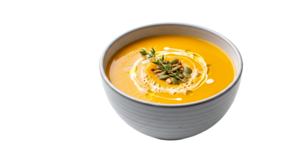 Bowl of creamy soup with spiral drizzle, topped with herbs and seeds, offering a comforting and nutritious meal option.