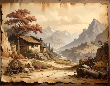 A serene landscape illustration features a quaint cottage nestled near a tree with autumn foliage, mountains, and a winding path