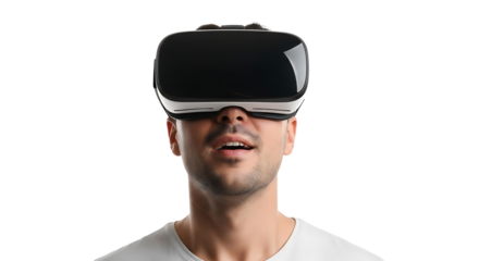 Man immersed in virtual reality experience with futuristic VR headset. Ready to enter a new digital landscape.