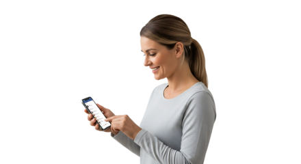 Woman with ponytail, grey sweater, reading posts and touching screen of phone with smile on neutral background.  