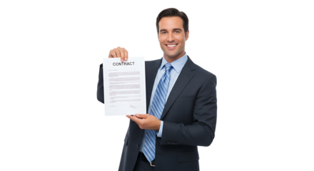 Confident businessman showcases a contract, embodying success, professional expertise, and deal-making confidence for business.