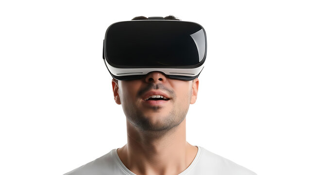 Man immersed in virtual reality experience with futuristic VR headset. Ready to enter a new digital landscape. - Powered by Adobe