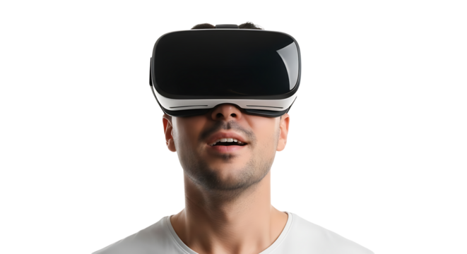 Man immersed in virtual reality experience with futuristic VR headset. Ready to enter a new digital landscape.