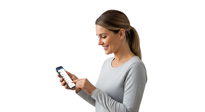 Woman with ponytail, grey sweater, reading posts and touching screen of phone with smile on neutral background.  